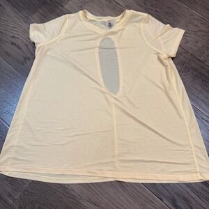 Mono B Women's Activewear Top Size S Yellow Striped Back Cutout‎ Short Sleeve